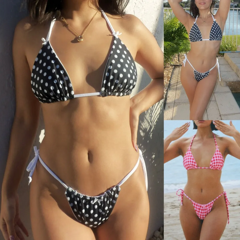 

Ретро-костюм для плавания из двух частей в клетку с открытой спиной, сексуальный европейский купальник в горошек, розовый игривый комплект бикини с бантом