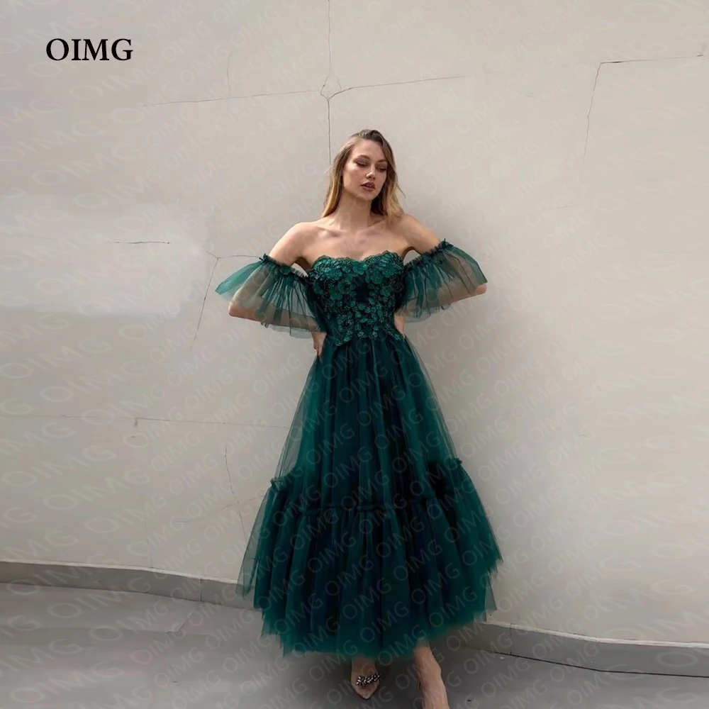 

OIMG Special Green Short Tulle Flower Evening Dress Prom Gowns Short Sleeves Sweetheart Formal Event Club Dresses Vestidos