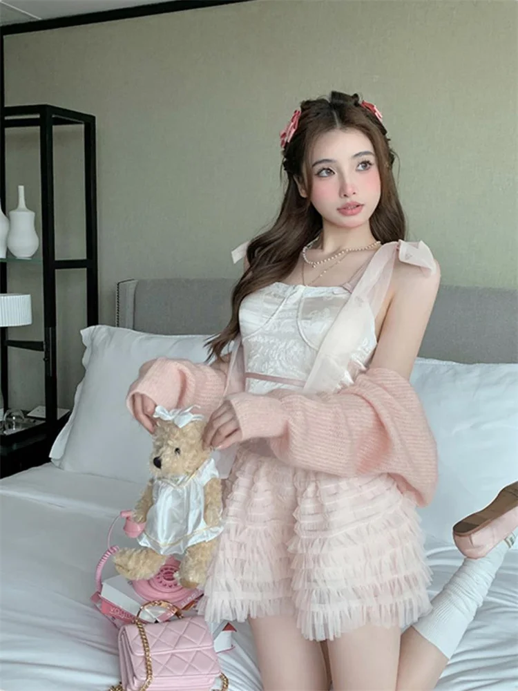 

Sweet Sexy Two Piece Set Korean Style 2024 Summer Women Cute Mesh Camisole Top and Cake Skirt Suit Cute Short Ropa Mujer Juvenil