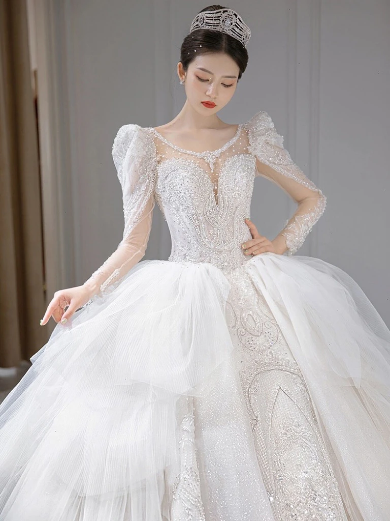 

Ruffle White French Elegant Wedding Dresses O Neck Crystal A Line Applique Beading Princess Sweep Train Sequined Bridal Gowns