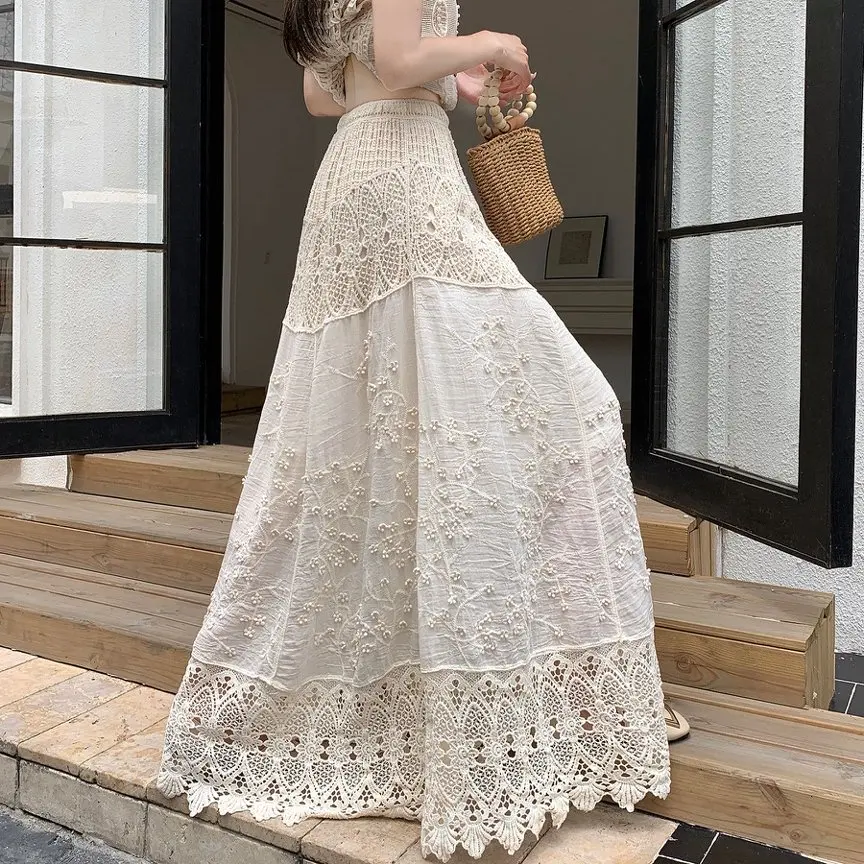 Knitted Skirt Women Hollow Out Spring Summer Vestido Floral Crochet Skirt Korean Vintage High Waisted Midi Long Skirts Maxi rok