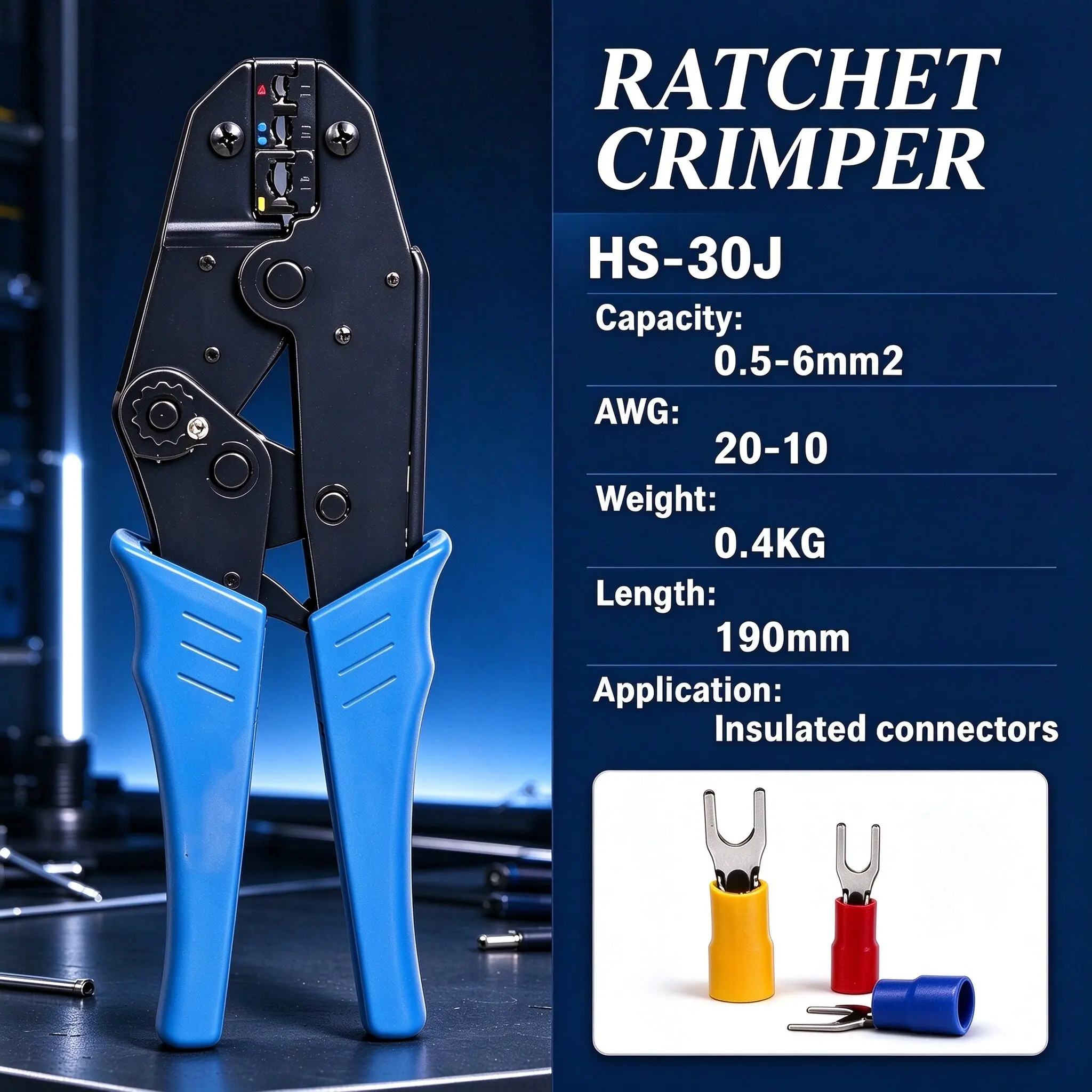 HS-30J Professionelle Ratschen-Crimpzange für isolierte Kabelschuhe, 20-10AWG (0,5-6mm²) Kabelzange