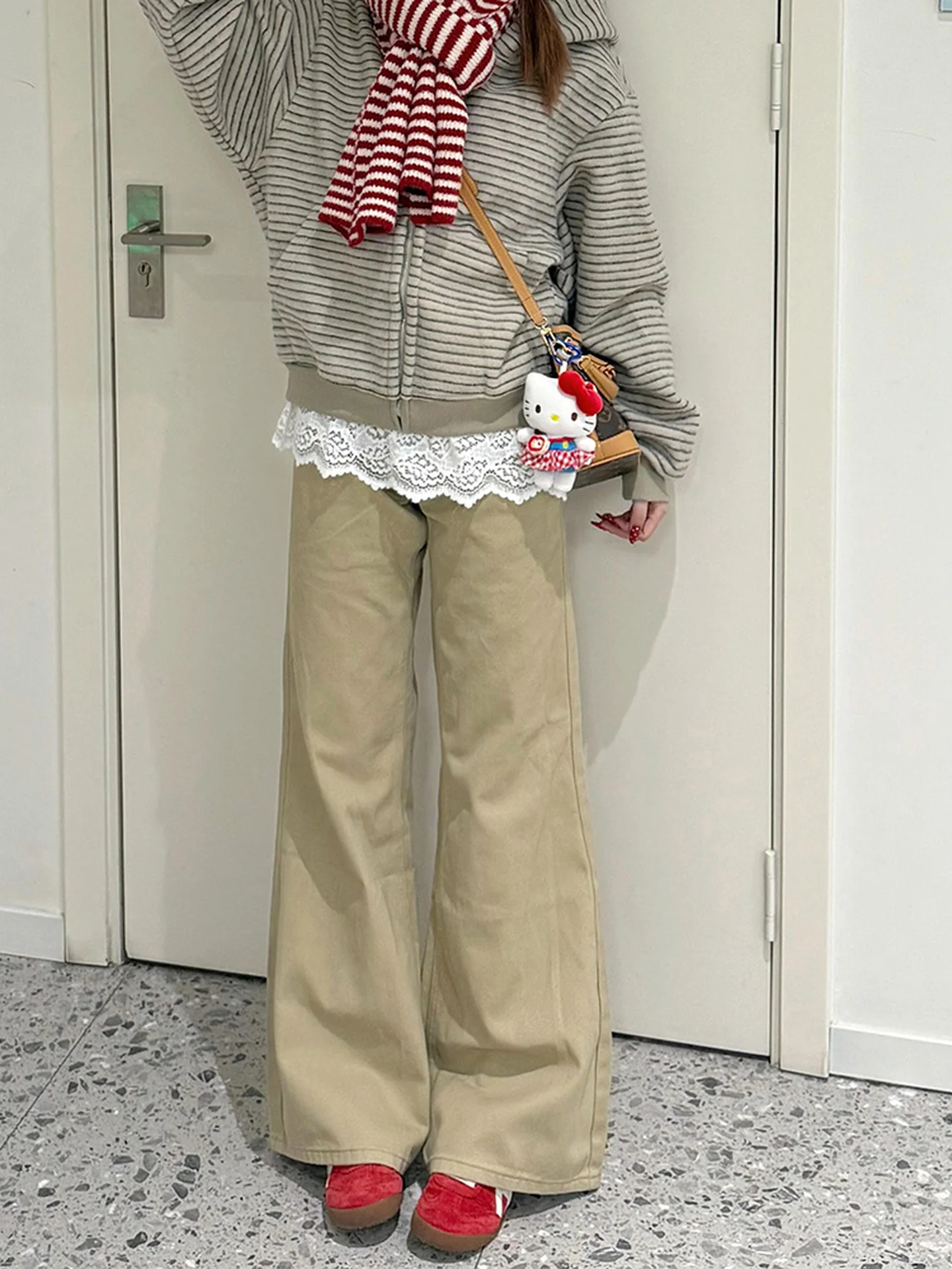 Retro American Fce Lined Khaki Loose Women's Jeans Autumn Winter plus Size Slimming Wide Leg Pants High Waist Zipper Closure