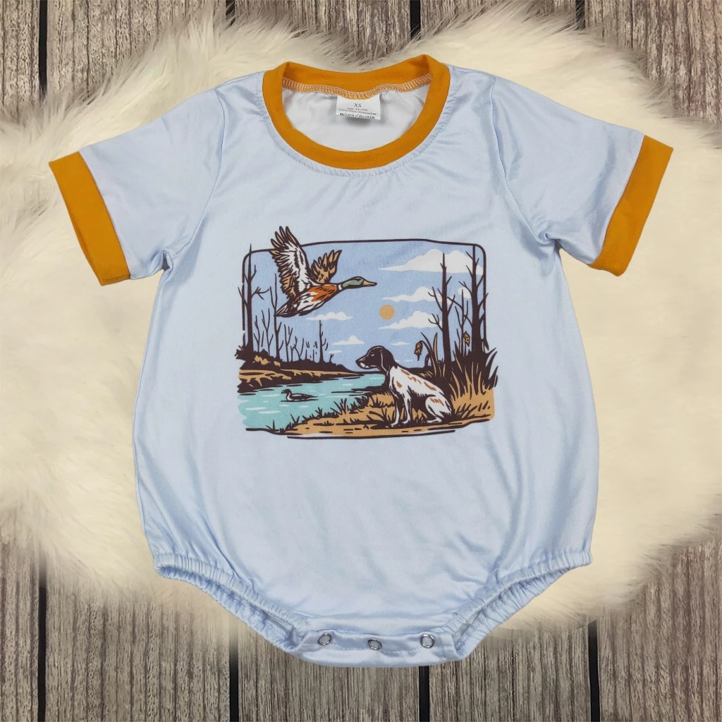 

Kids Toddler Romper Clothing Children Baby Boy Short Sleeves Blue Buttons Coverall Newborn Infant Duck Dog Bodysuit Wholesale