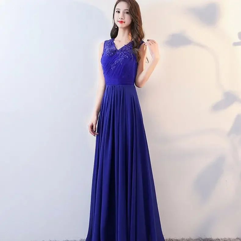 Evening Dress Women's New Long Temperament Banquet Slim and Elegant Annual Meeting Host Royal Blue Dress Summer