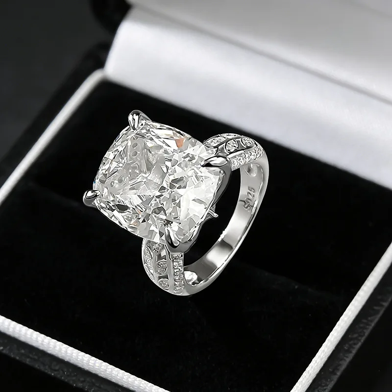 High Carbon Diamond s925 Sterling Silver Rings for Women Ice Flower Cut Big Stone 12*14mm Wedding Ring Fine Jewelry