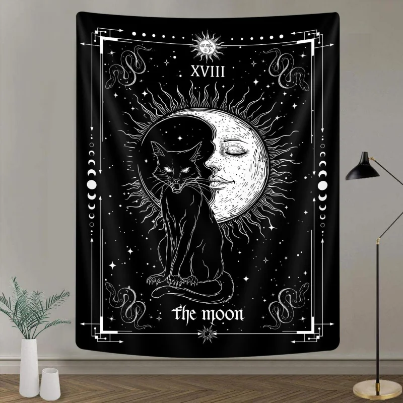 VIKAMA Moon Tarot Tapestry Black Cat Occultism Human Face Star Moon Pattern Living Room Bedroom Feature Wall Decor