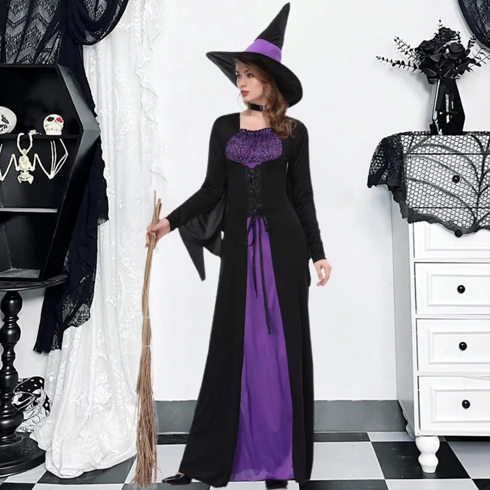 

Halloween Witch Costume Witch Halloween Costume Set with Dark Witch Style Dress Hooded Cloak Lace-up Collar for Women Masquerade