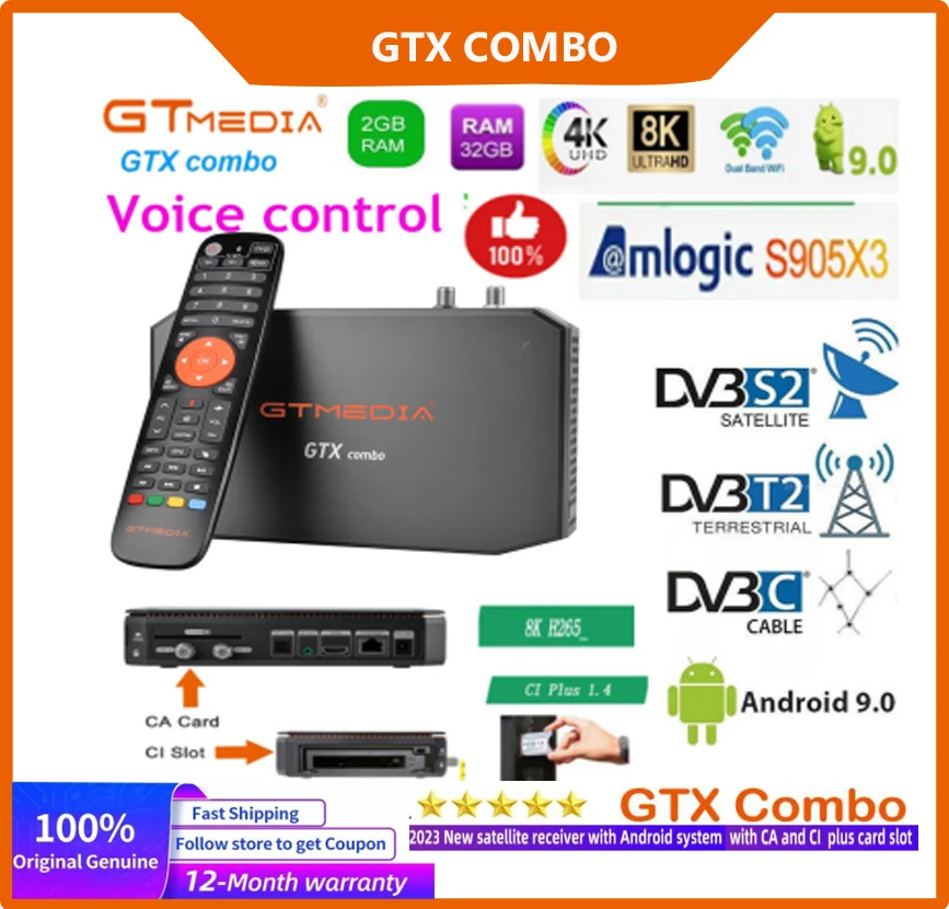 

GTMEDIA GTX Combo Satellite Receiver Android9.0+DVB-S/S2/S2X+T/T2+C/C2+ATSC-T+ISDBT+CI Plus+HDD,2GB+32GB Decoder/Set Top Box