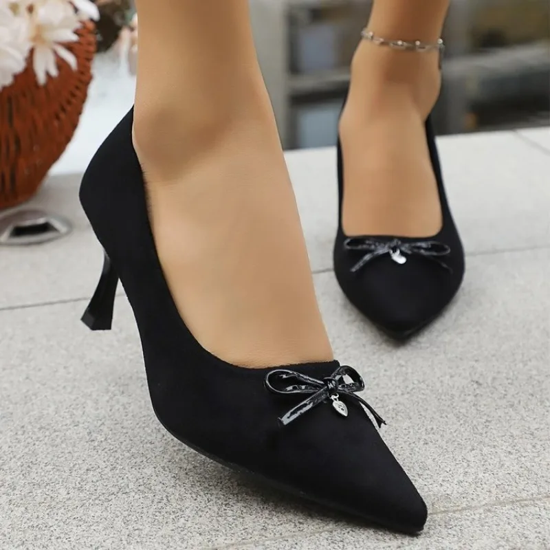

New Style Bow with Pointed Tip Low Thin Heel Glass Slip-On Women Banquet Dress Pumps Shoes Femme