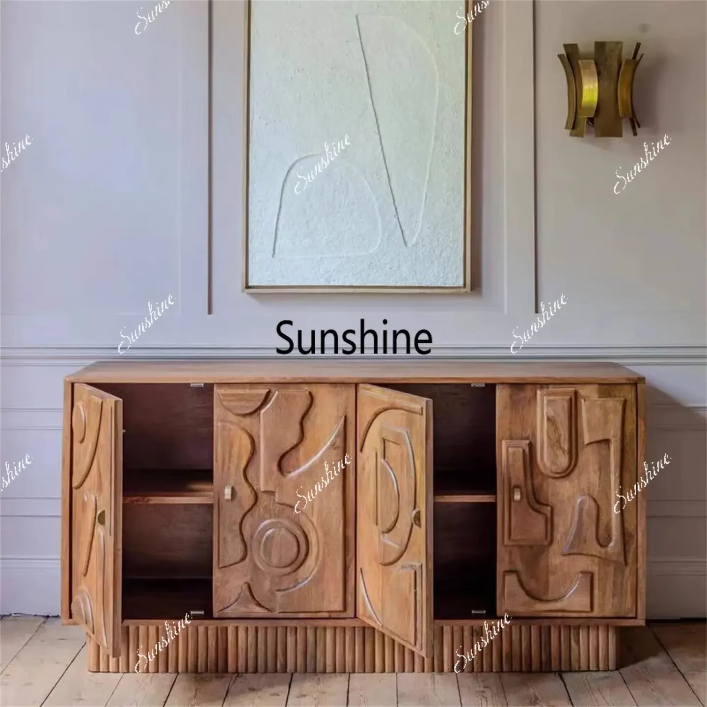 French retro solid wood carving flower dining side cabinet antique villa wall lockerTJ