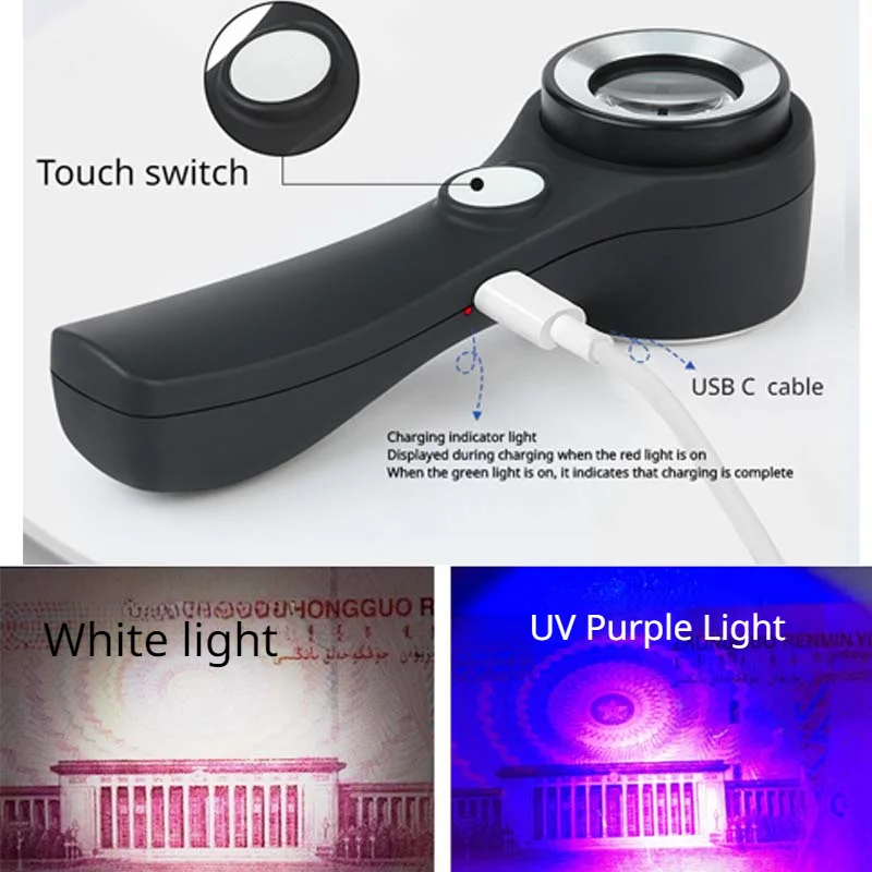 Handheld 60X LED Lighting Magnifying Glass Chargeable UV Light  Illuminated Lighted Magnifier for Reading Coins Jewelry Stamps