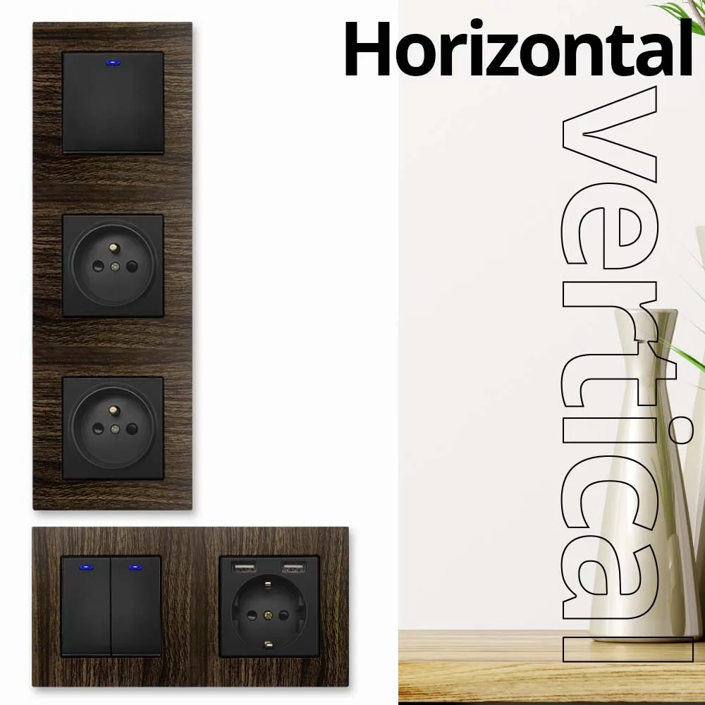 Wallpad Wood Texture Aluminum Panel Wall Power Socket Electrical Outlet Function Key DIY Free Combination