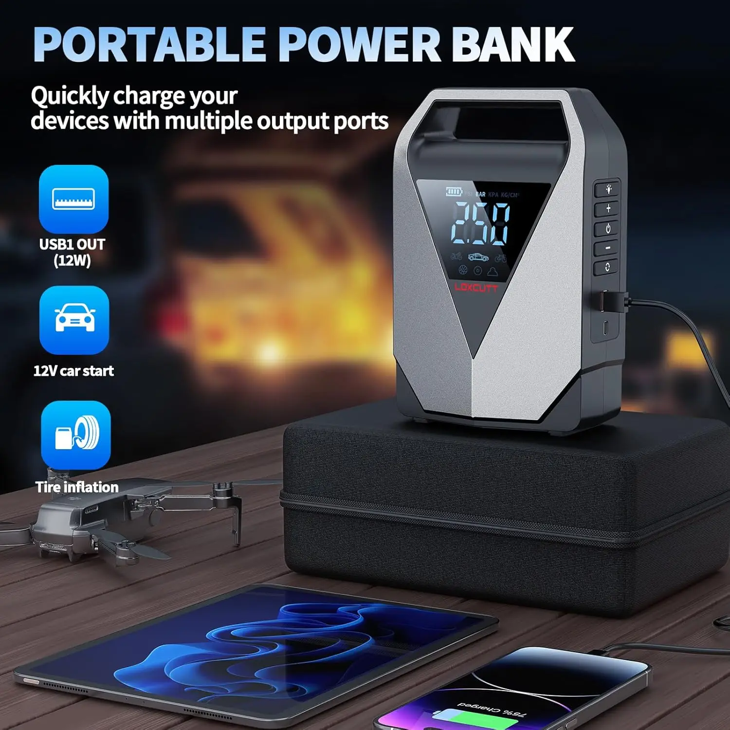 Car Jump Starter 1800A, 12000mAh with Air Compressor, 150PSI Auto Shut-Off, LCD Display, LED Light, QC3.0