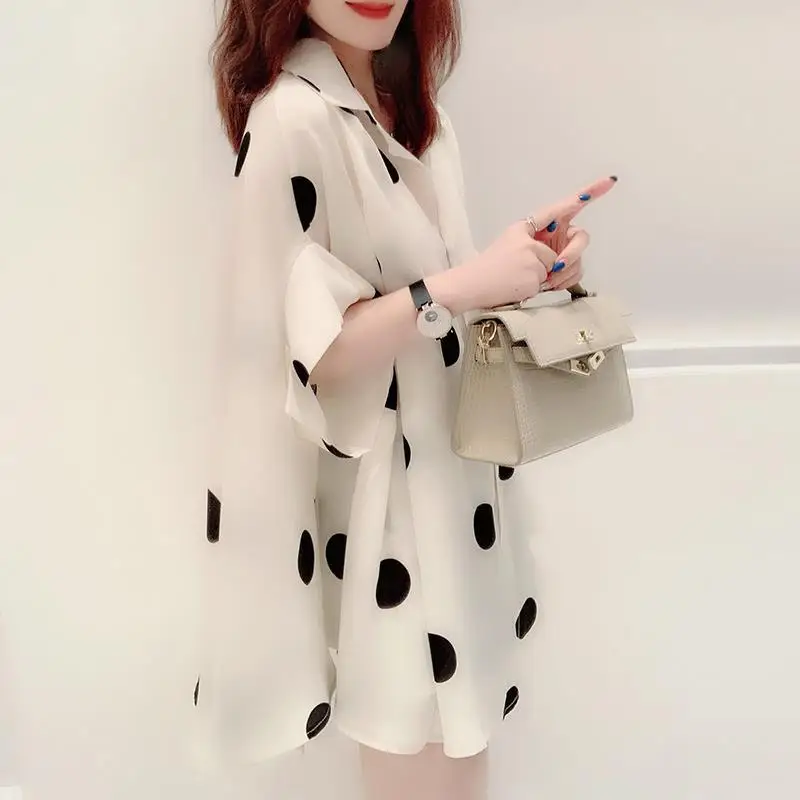 Summer Chiffon Thin Oversize Short Sleeve Polka Dot Women Casual Shirts Elegant Comfortable Silky Loose Straight Female Clothing