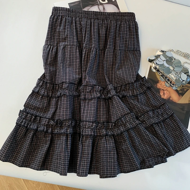

Черная эластичная юбка-миди в клетку в корейском стиле, новая коллекция, летняя, повседневная, свободного кроя, А-силуэт, для женщин