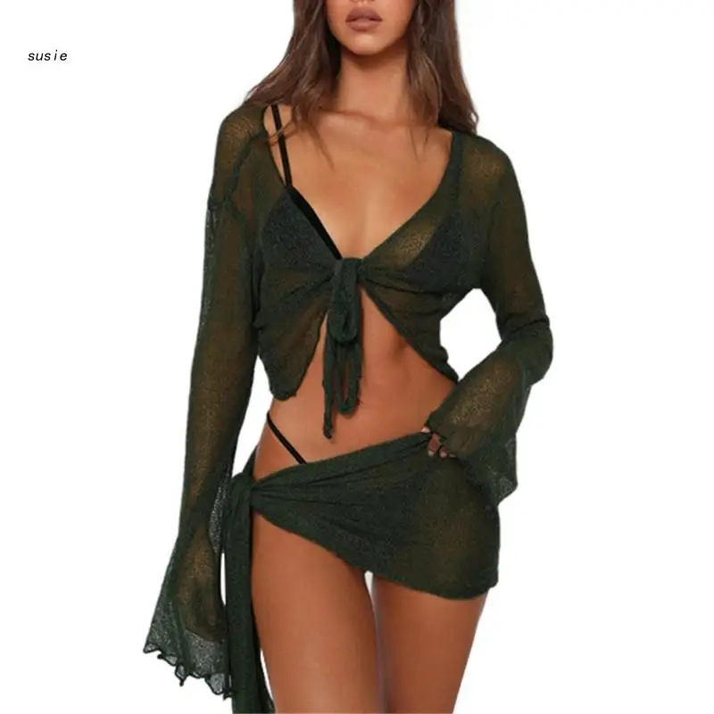 Womens 2 Piece Cover Up See Through Swimsuit Sheer Mesh Tie Knot Long Sleeve Crop Top and Mini Wrap Skirt Sarong Outfit