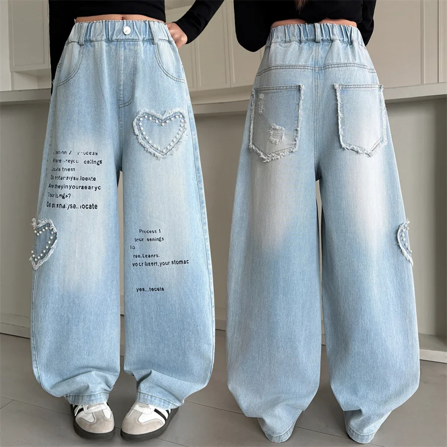 

Children New Spring Autumn Wide Leg Jeans with Hearts for Teenage Girls Street Fashion Style Denim Pants Trousers With Pearls