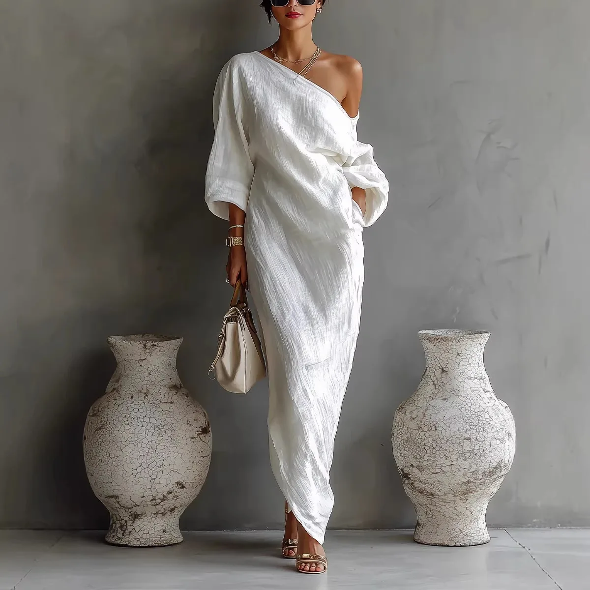 

New Fashionable Backless Dresses Women Summer Casual Loose Solid Color Diagonal Collar Long Sleeve Irregular Dress For Women