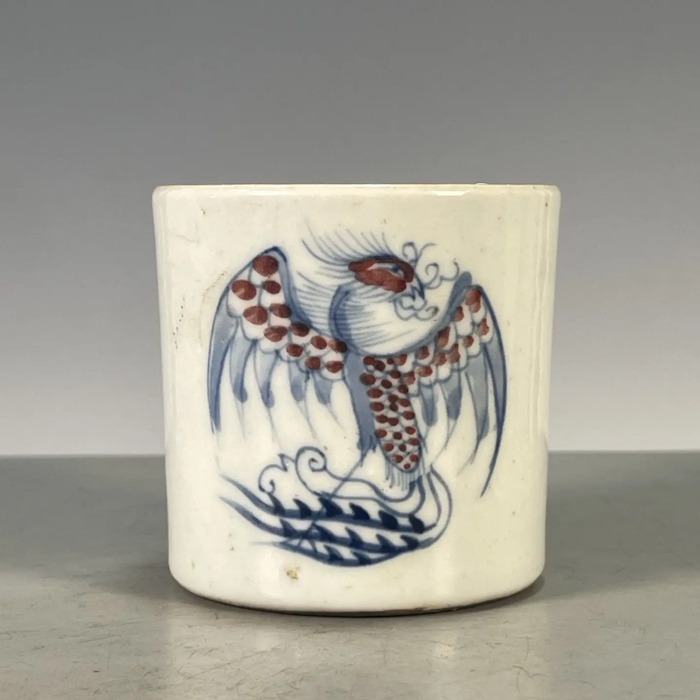 Freehand Underglaze Cobalt Blue Porcelain Master Teacup Decorated with Round Phoenix Medallion Motifs