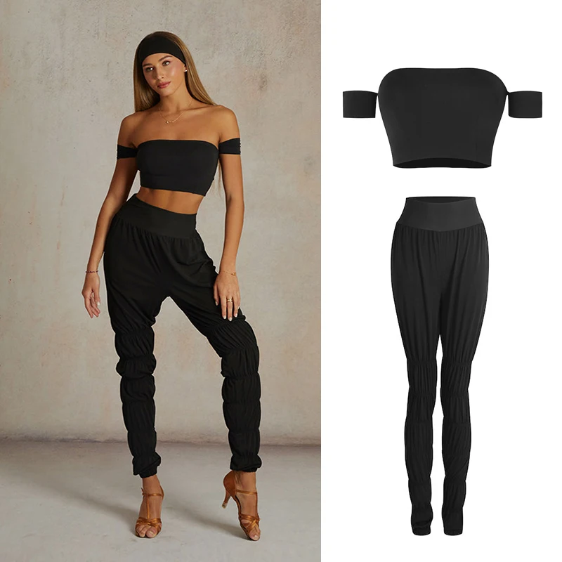 

Summer Cha Cha Latin Dance Wear ZYM Off Shoulder Tops Binding Pants Black Practice Clothing Women Dance Training Outfit Adult