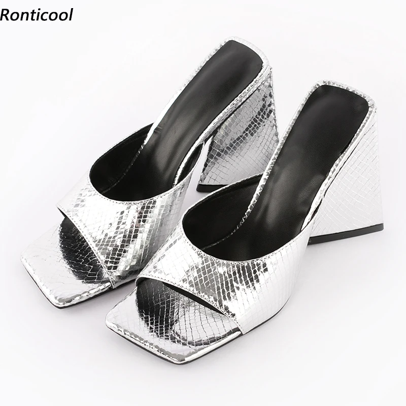 

Ronticool New Arrival Women Mules Sandals Snake Pattern Strange Heels Square Toe Pretty Gold Silver Ladies Shoes US Size 4-15
