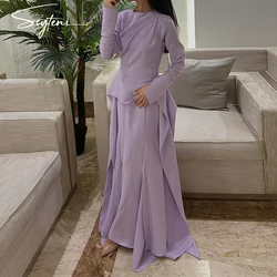 Exquisite Purple O-Neck Mermaid Evening Dresses Long Sleeves Slit Floor Length Formal Prom Party Gowns Satin Event robe soirée