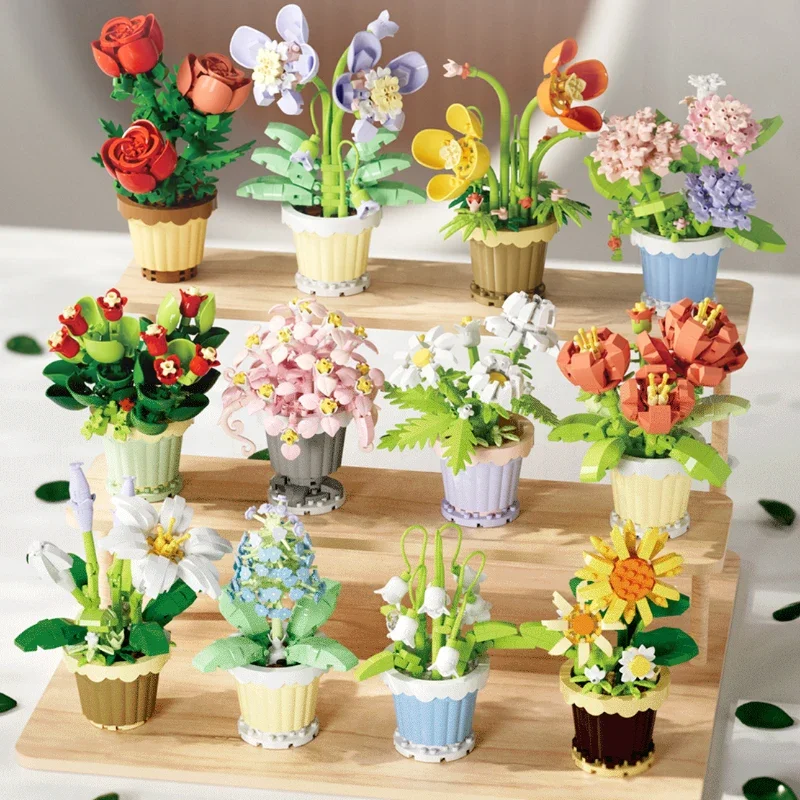 

12Pcs Creative Simulation Potted Flower Series Carnation, Chrysanthemum, Lily, Hyacinth Micro Building Blocks Bricks Toys Gifts
