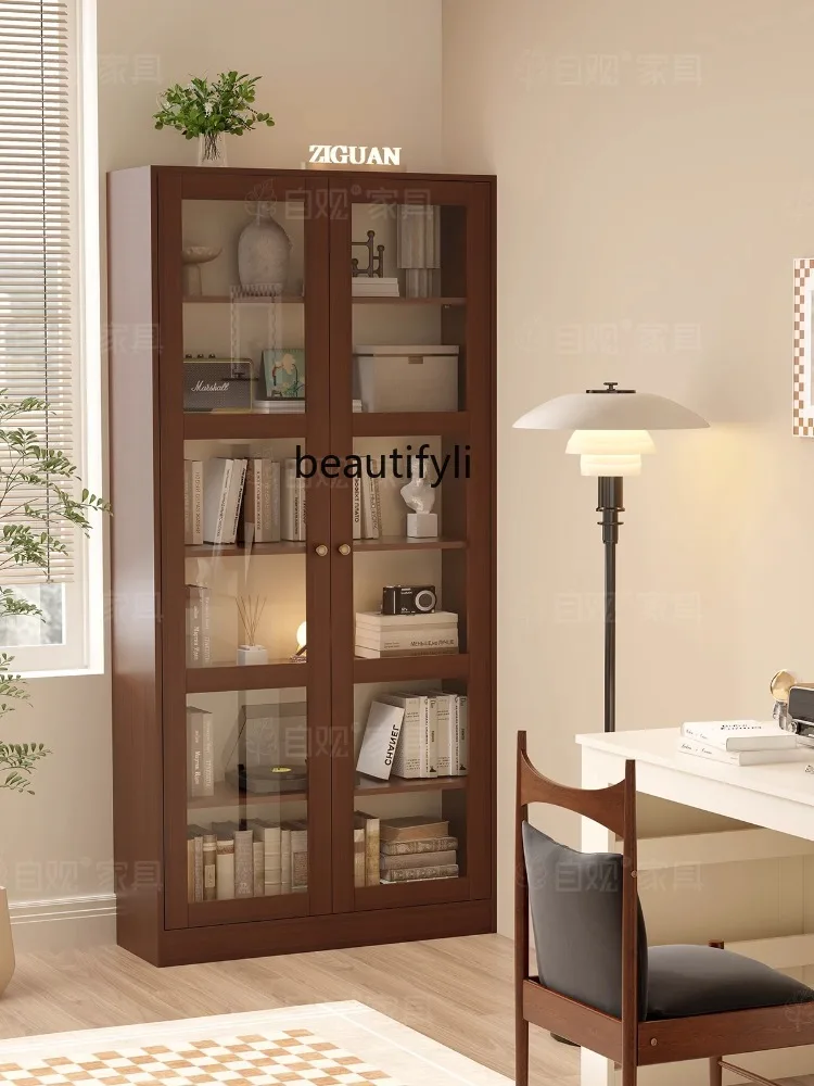 Retro Brown Combined Bookcase to Living Room Entire Wall Glass Cabinet to Top French Mid-Ancient Storage Cabinet Floor