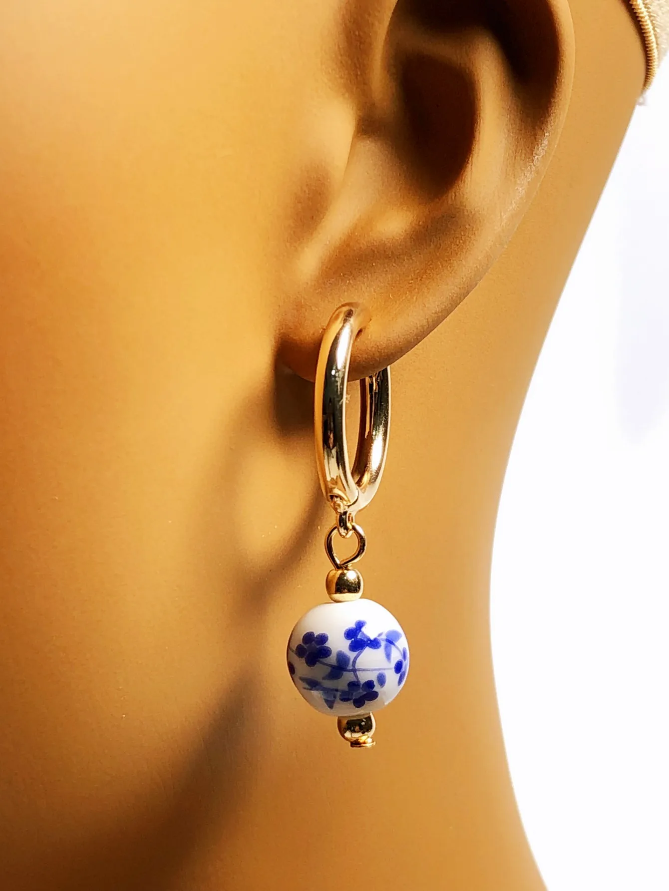 Vintage Round Ceramic Earrings with Chinese Style Elements and Enamel Oil Drop Design