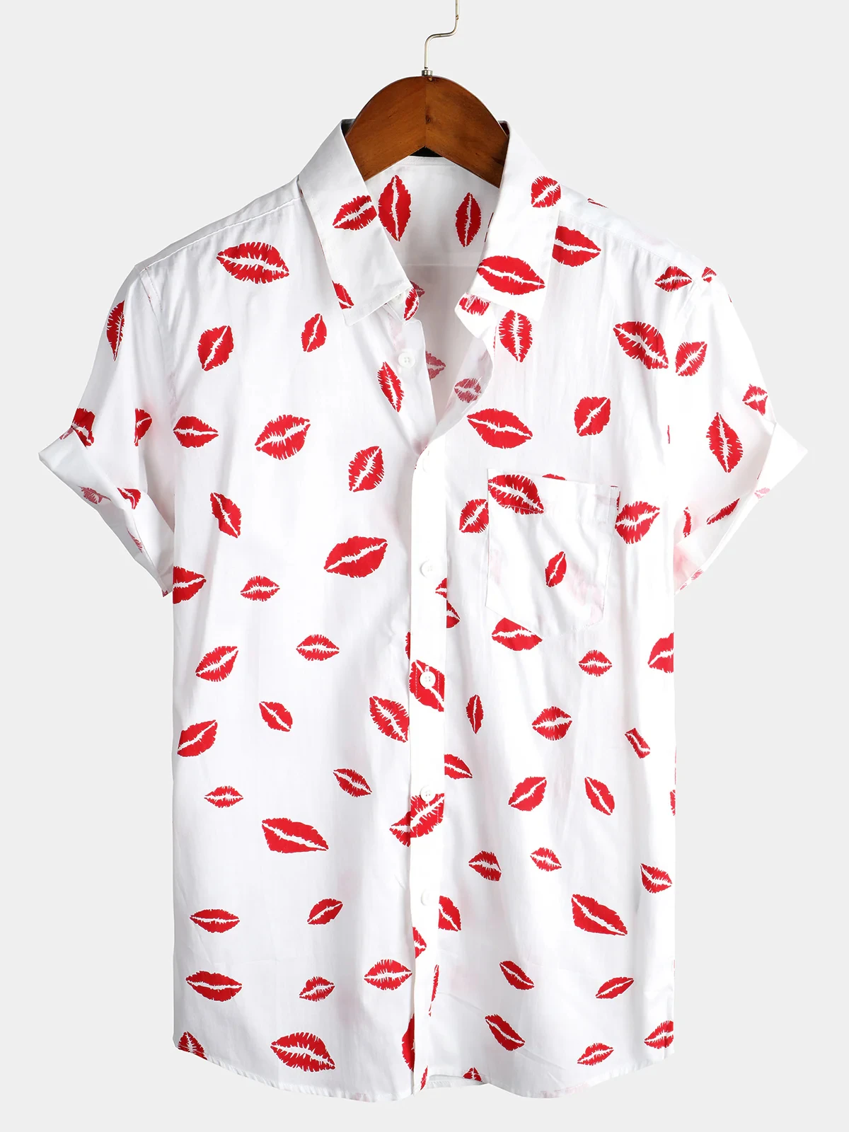 Men's Lips Lipstick Print Short Sleeve Shirt Casual Holiday Pocket Lapel Casual Short Sleeve Hawaiian Shirt
