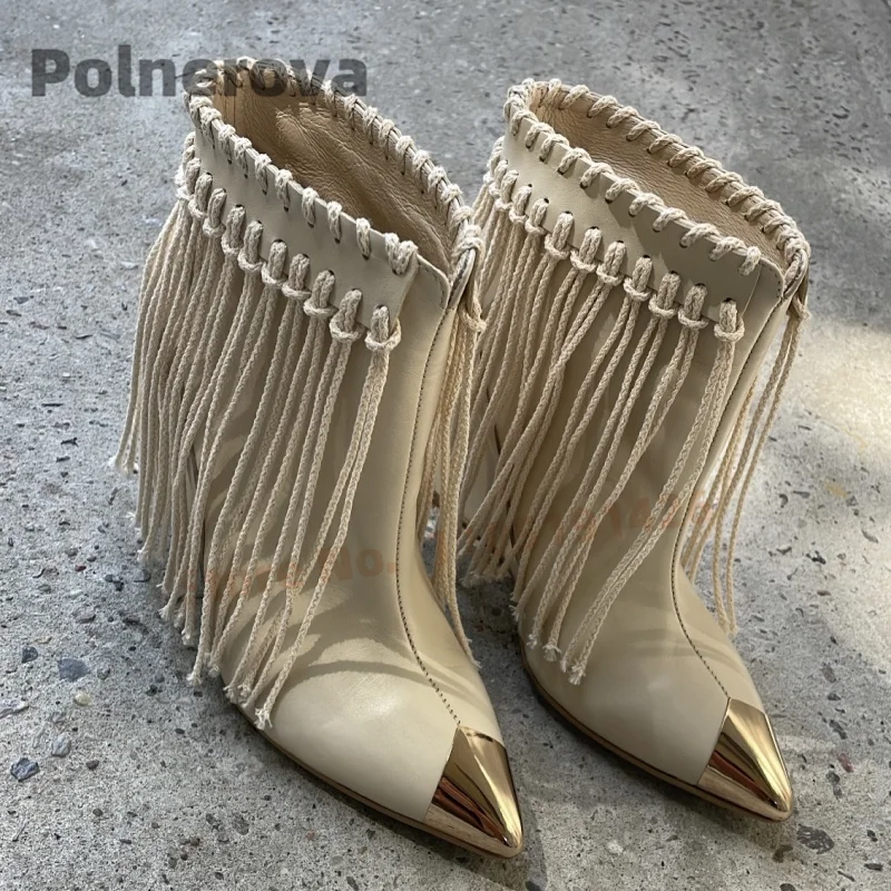 

Женские ботильоны с металлическим острым носком и бахромой, кожаные ботинки на тонком высоком каблуке со шнуровкой, модная лаконичная весенне-осенняя обувь для вечеринок