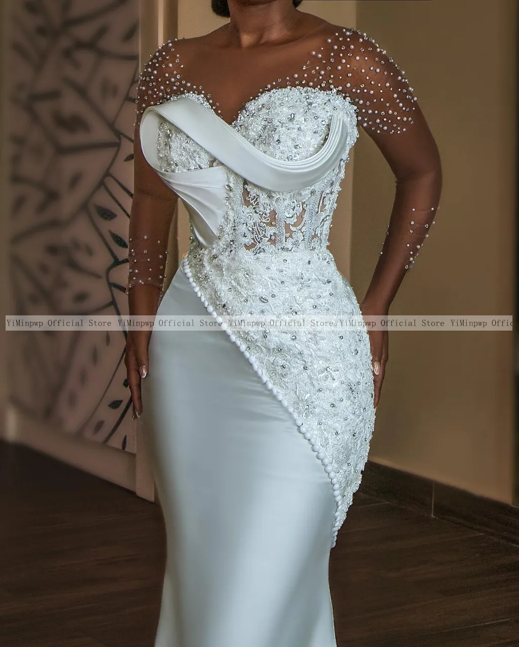 Africa Satin Mermaid Wedding Dresses for Bride O Neck Long Sleeve Lace Beading Pleats Women Court Civil Bridal Gowns Customized