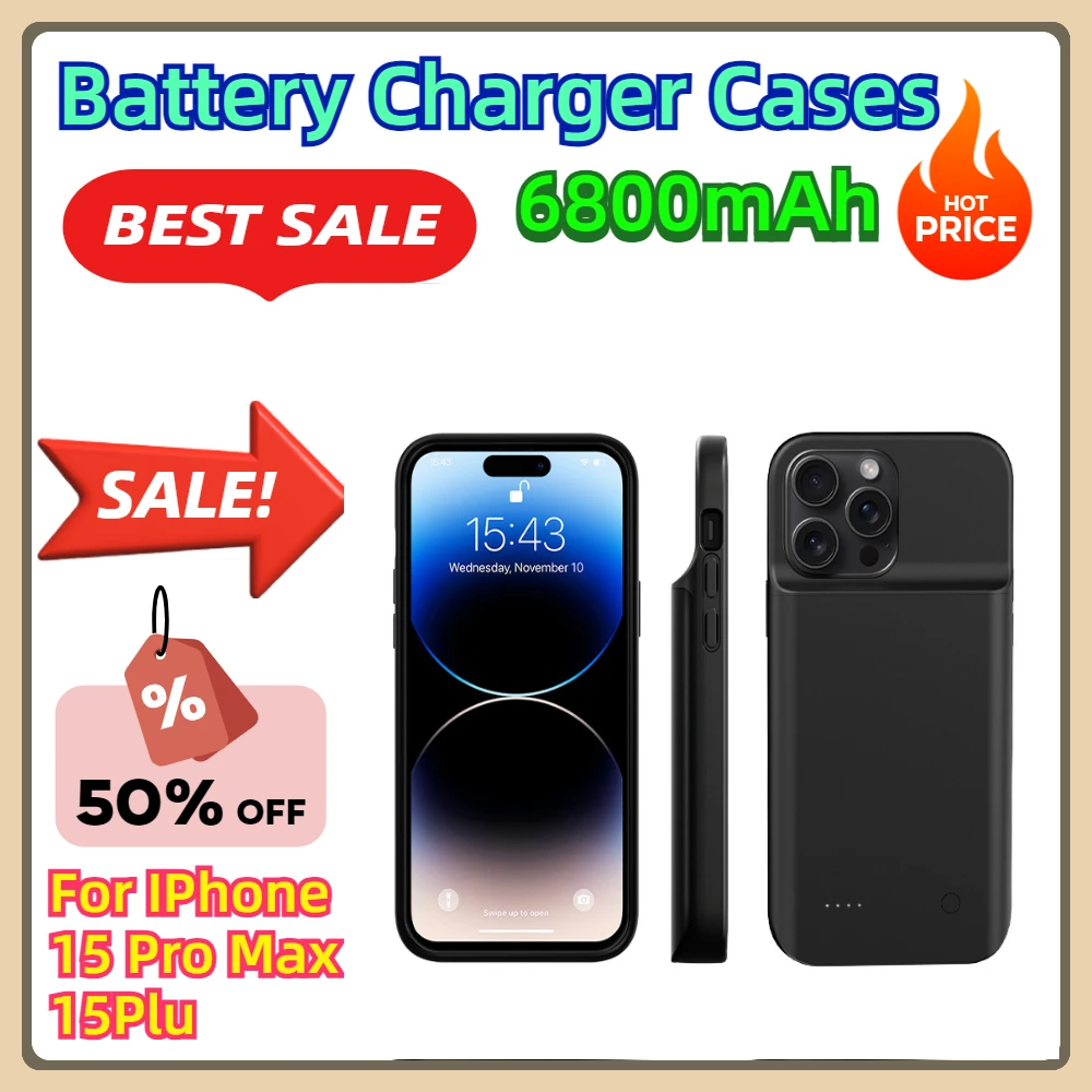 For IPhone 15 Pro Max  15Plus Battery Charger Case Wireless Charging Portable Power Bank Cover 6800mAh Power Case