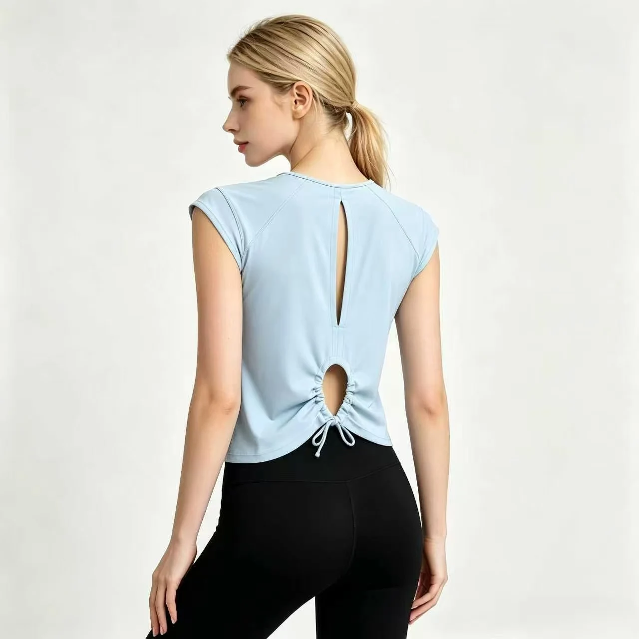 Hollow-Out Backless Waist-Cinching Training Top, New Pilates Fitness Cover-Up, Slimming, High-End, Stunning Short-Sleeve Yoga Wear for Sports