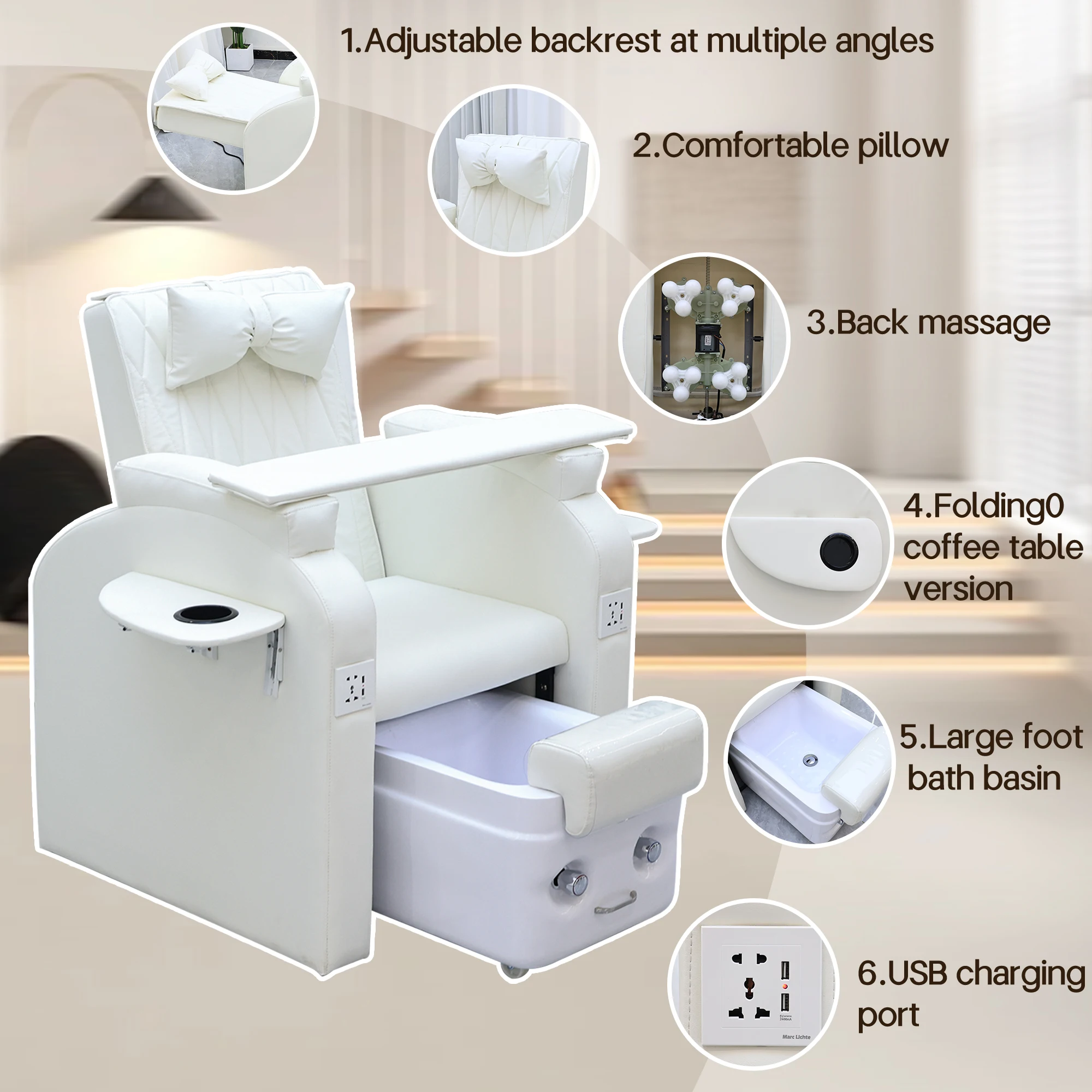 Chaise de Station de manucure, banc de pédicure, bain de pieds, Massage Spa inclinable électrique de couleur blanche