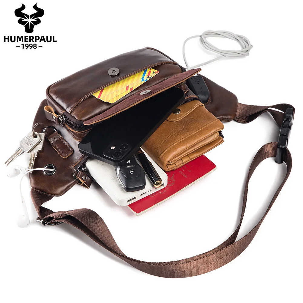 LAREET 100%Genuine Leather Chest Bag For Men Casual Sport With Outdoor Fashion USB Charging Crossbody Bag