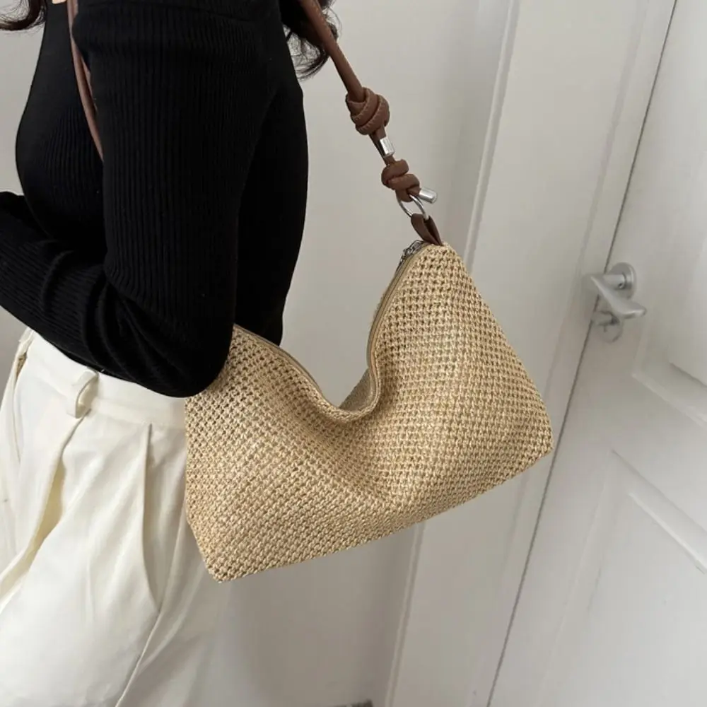 Large Capacity Straw Woven Crossbody Bag Adjustable Shoulder Strap Zipper Woven Shoulder Bag Handmade Bohemian Style