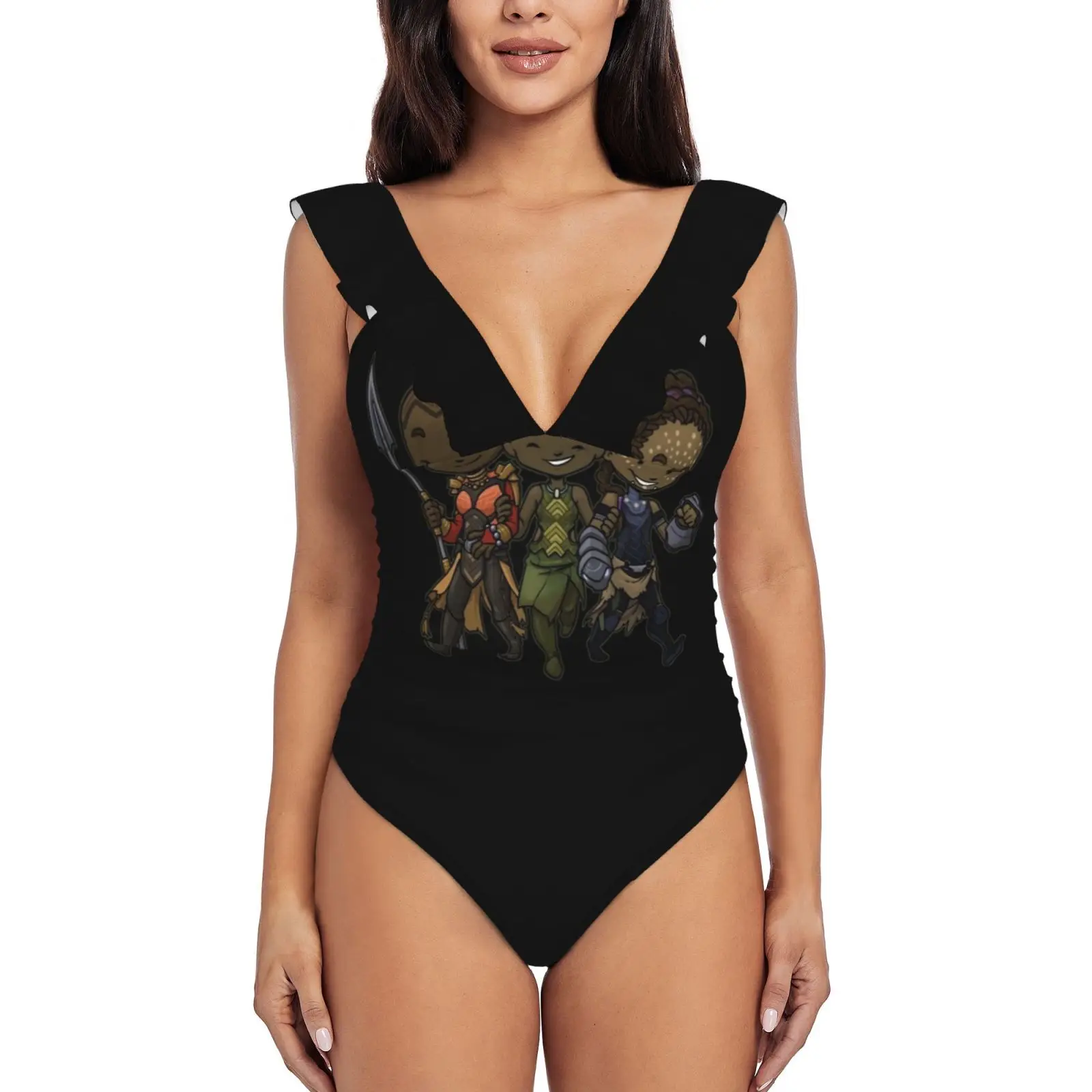 

Panther Trio One Piece Swimsuit High Quality Swimwear Printed Push Up Monokini Summer Bathing Suit Wakanda Okoye Nakia Shuri