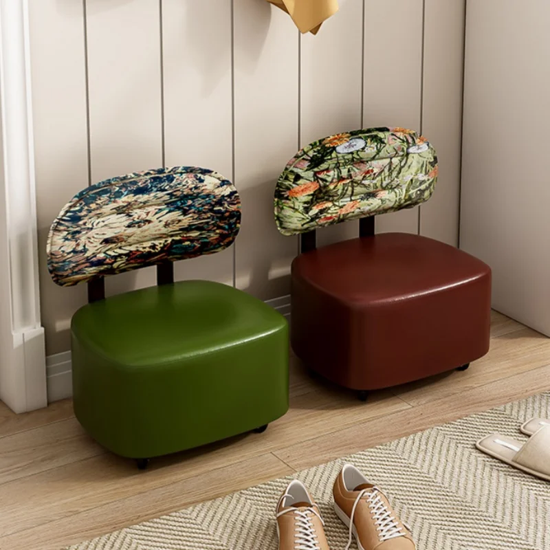 Solid Wood Roller Stool Multi-functional Shoe Changing Stool Casual Backrest Chair Leather Accent Chair with Wheels New