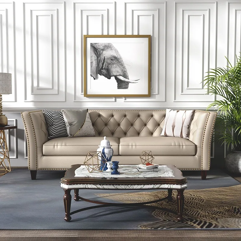 

Leather sofa living room pull button American Nordic straight row sofa first floor cowhide villa hotel luxury sofa