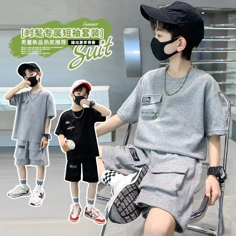 Korean Children's Top and Bottom Clothes Set 2025 Comfortable Sports Casual Summer Kids Boys T-Shirt+Shorts 2-Piece Set 4-13Y