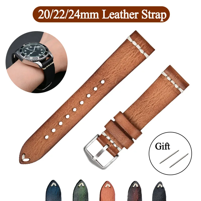 

Кожаный ремешок для часов 20 мм, 22 мм, 24 мм, винтажный мягкий удобный универсальный браслет, ремешок для часов, аксессуары для часов, браслет