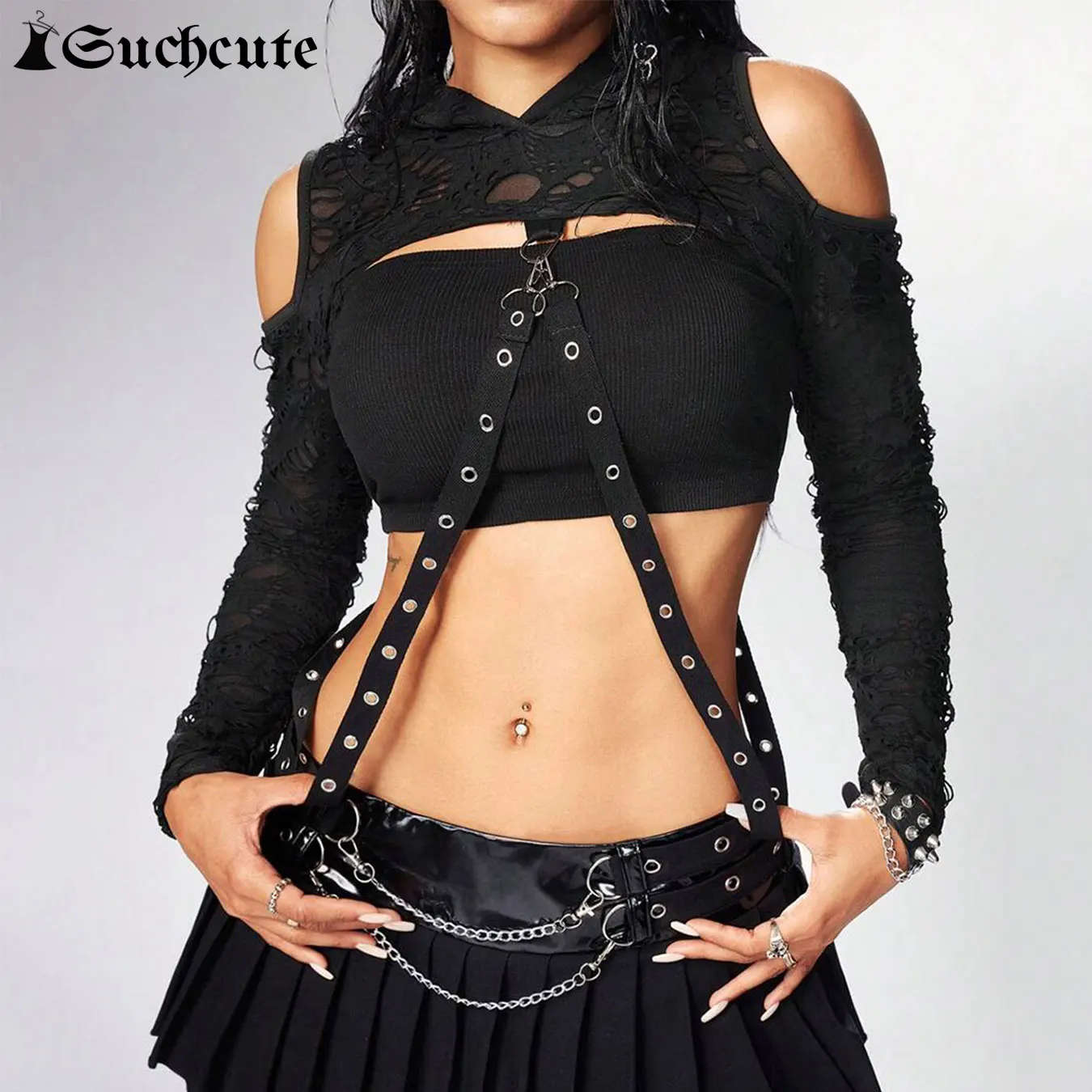 

SUCHCUTE готический темный женский укороченный топ с капюшоном и длинными рукавами в стиле панк, уличная одежда, лоскутный металлический халат с ремешками, топ, пуловер в стиле гранж