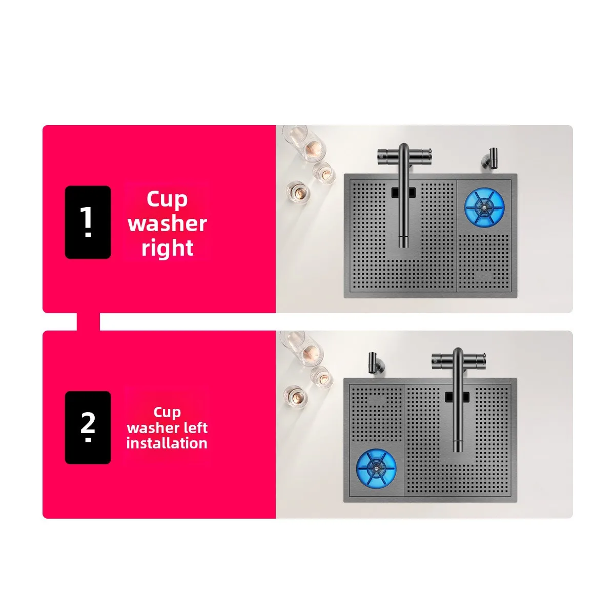 大型シングルキッチンシンク、高圧304ステンレス鋼ナノステップバーデザインカップウォッシャーと蛇口付き