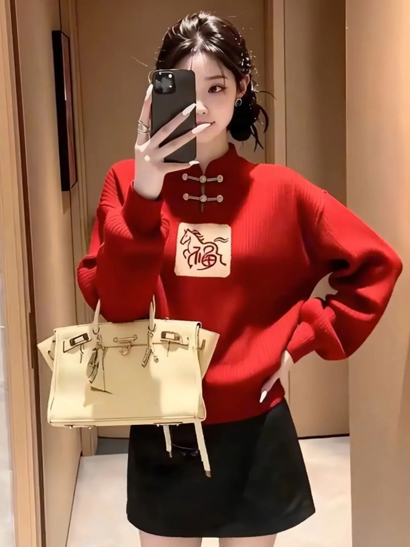 

Вязаный свитер Ele Long Sve Angela Red, Зима 2025, Модный повседневный корейский свободный крой, Теплый женский топ