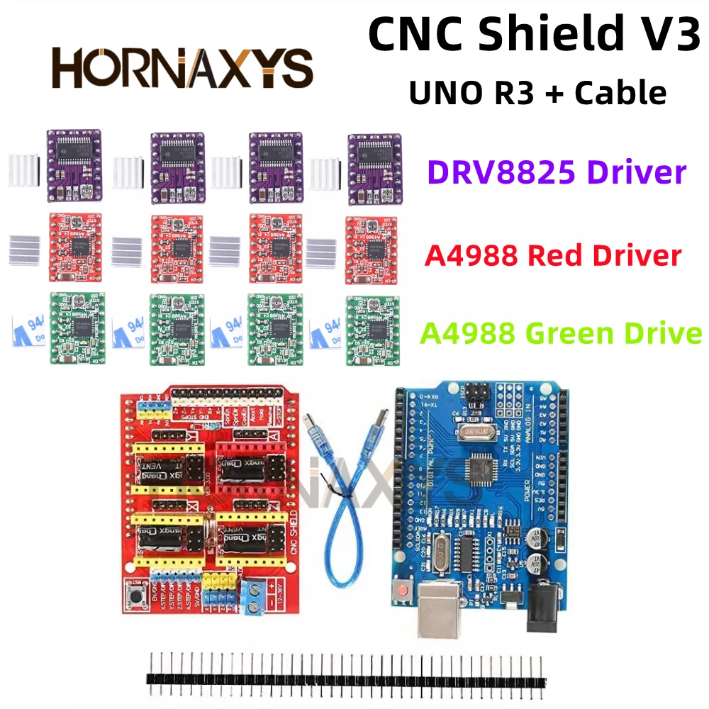 CNC Shield V3 Engraving Machine 3D Printe+ 4pcs DRV8825 Or A4988 Driver Expansion Board For Arduino + UNO R3 With USB Cable