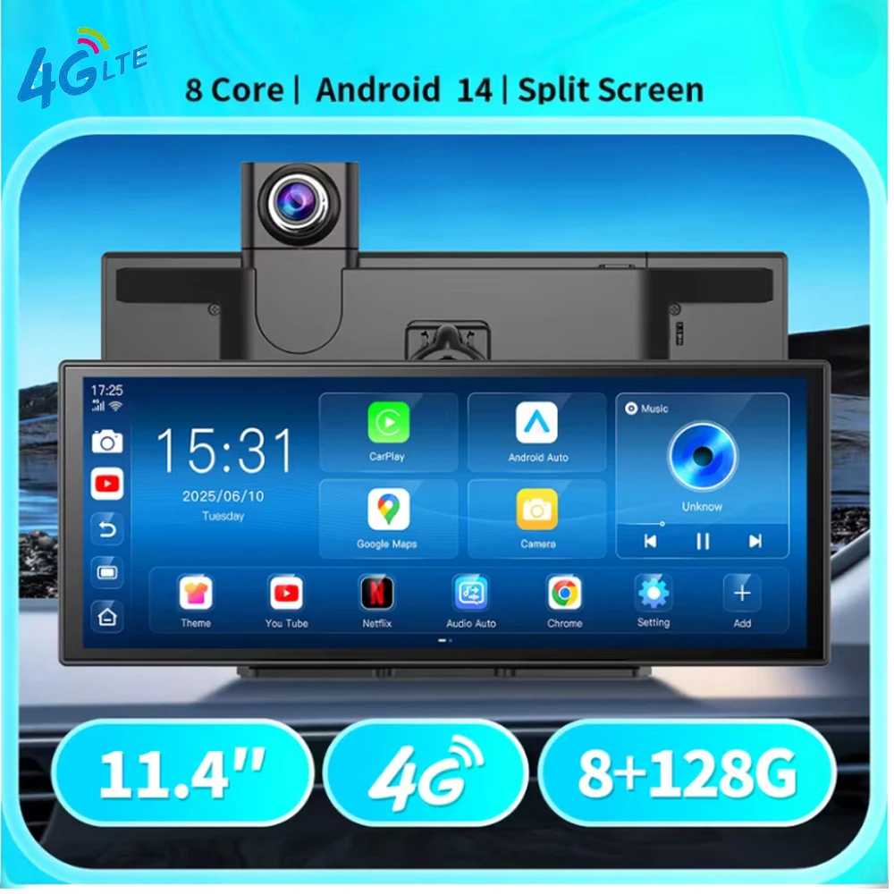 2025 جديد سيارة داش مسجل 11.4 "ADAS DVR كاميرا 8G + 128GB ROM Carplay أندرويد السيارات 4G واي فاي نظام تحديد المواقع Andriod 8.1 DVR مسجل فيديو #1