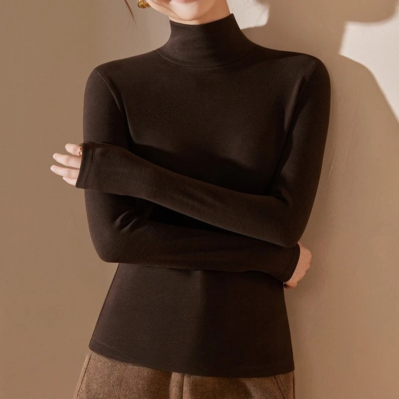 Women Turtleneck Top Thick T Shirt Elegant Ladies Double-sided Fleece Slim Long Sleeve Winter Warm Base Layer Shirt