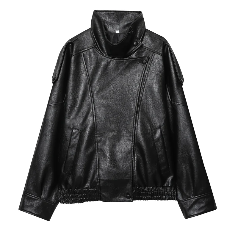 سترة جلدية سترة منفوخة سوداء للخريف بأكمام طويلة وأزرار معاطف وسترات نسائية جديدة في الشارع ملابس خارجية خارجية